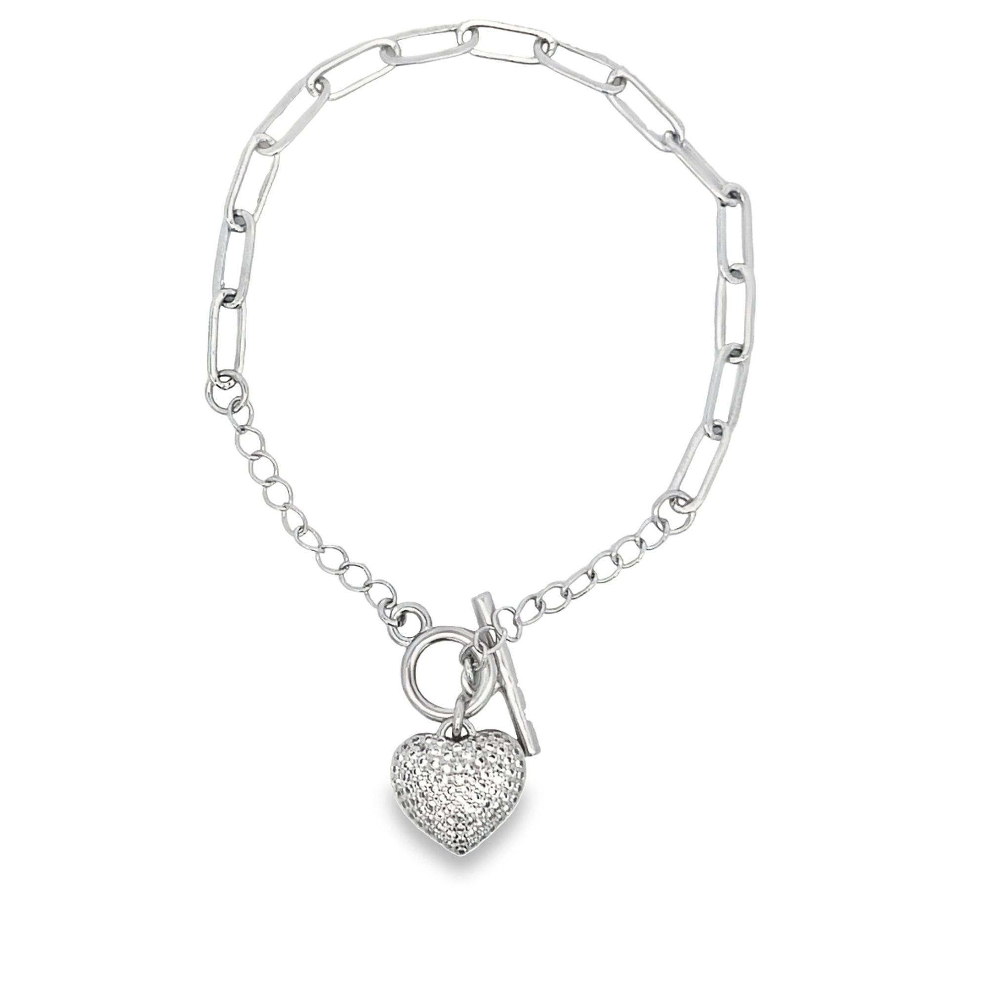 Paper Clip Chain Bracelet With A Heart Clear Micro CZ Stones (I126)