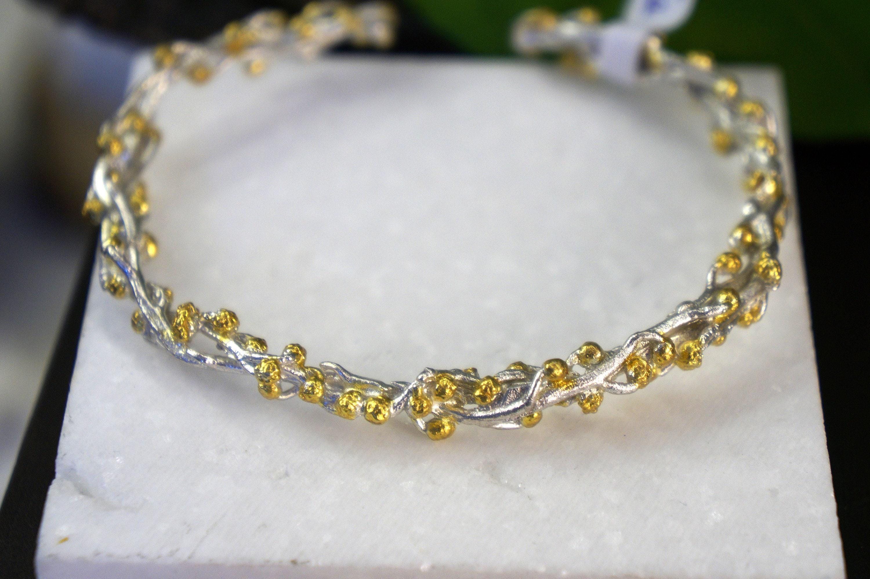 Gold Mimosa Branch Bracelet, Handmade Nature Jewelry, Organic Forest Bangle, Gift for Longevity & Vitality, Sterling Silver 925