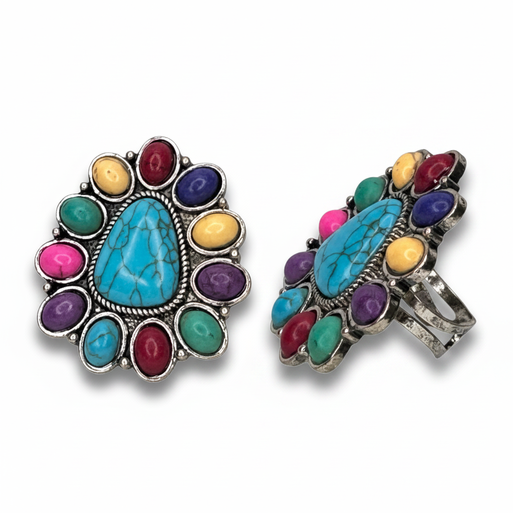 Triangle Stone Flower Ring - Multicolor